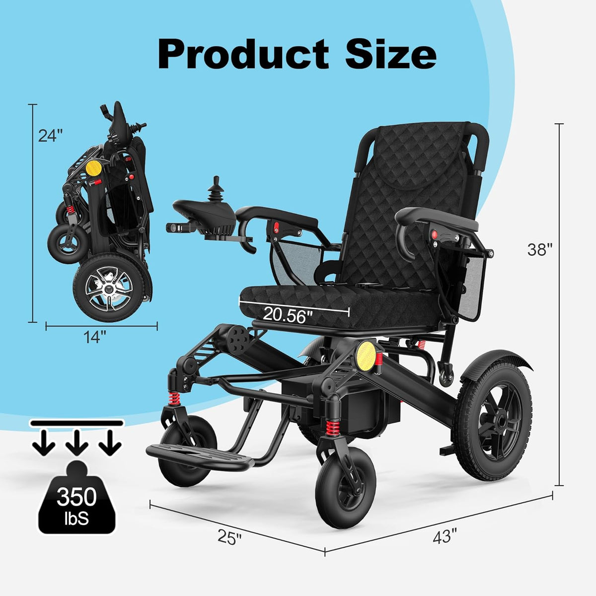 Portable Electric Wheelchair: Dual Motor, 30-Mile, 350lb Cap.