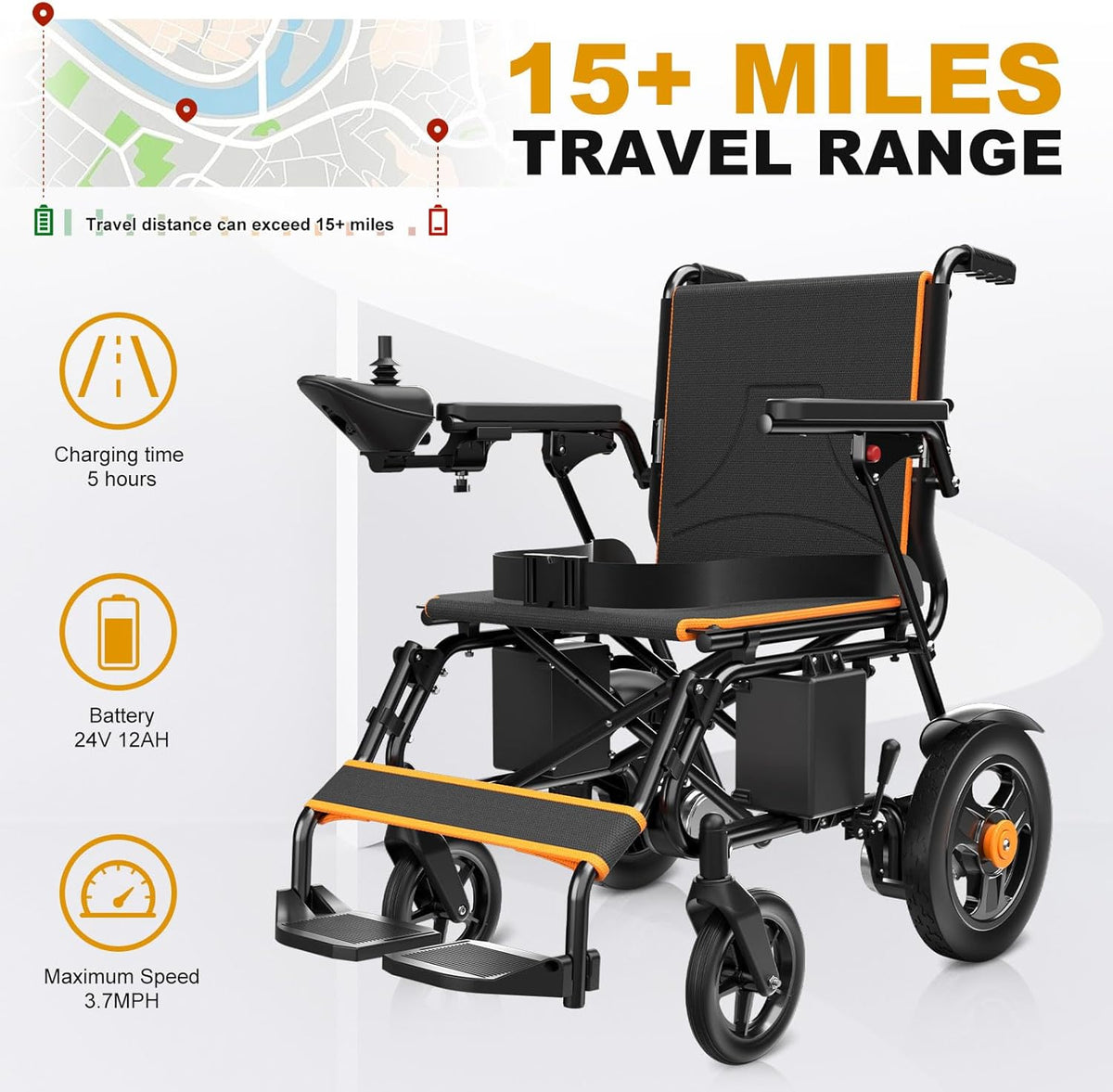 Foldable Electric Wheelchair: Dual Motor, 15 Mi, 350lb Capacity