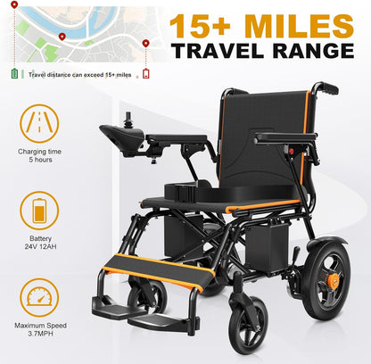 Foldable Electric Wheelchair: Dual Motor, 15 Mi, 350lb Capacity