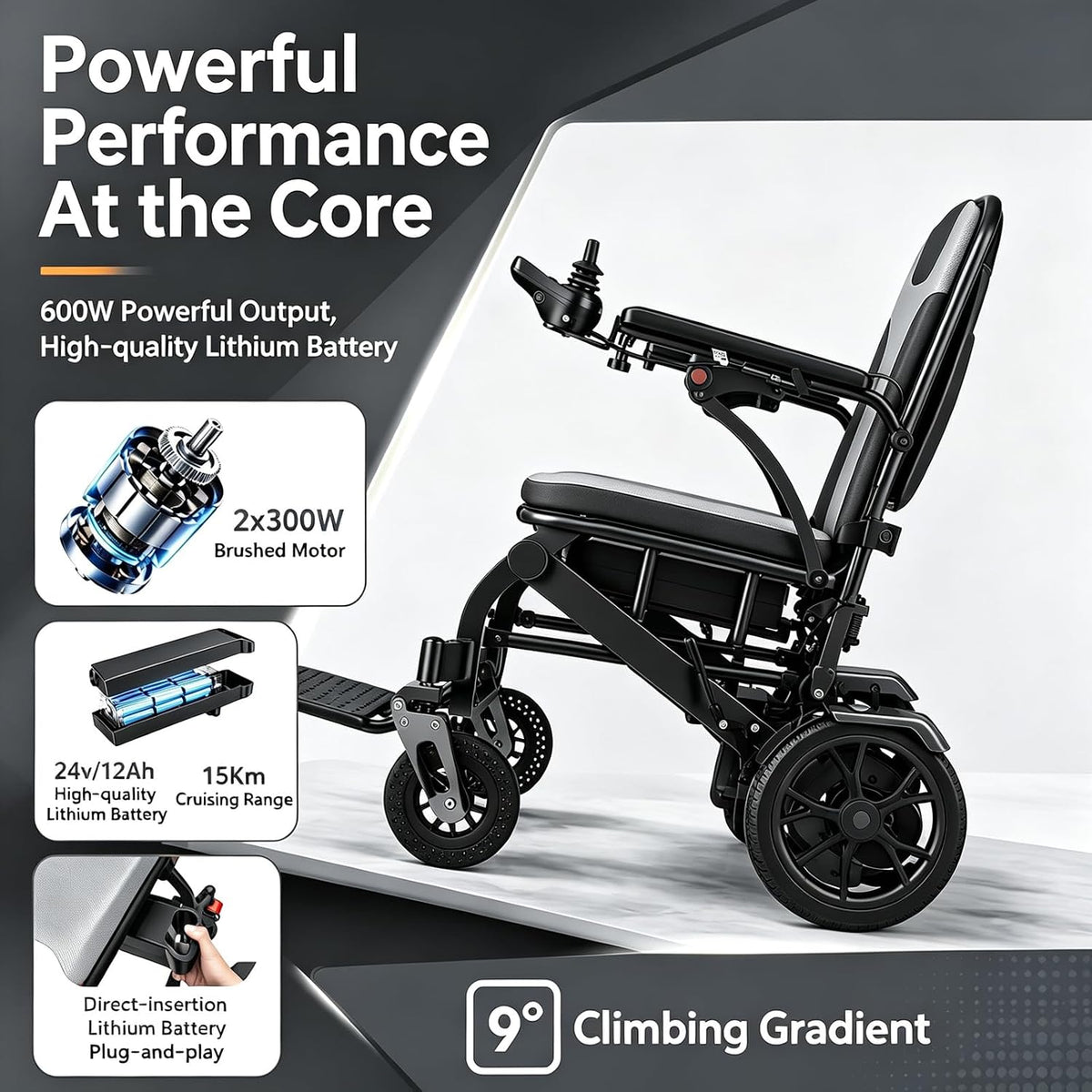 Lightweight Electric Wheelchair for Adults & Seniors – 600W Dual Motor, 15KM Range, One-Hand Joystick Control