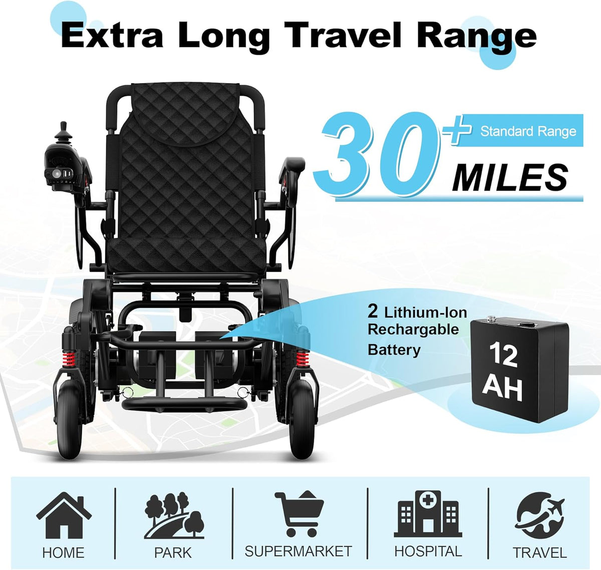 Portable Electric Wheelchair: Dual Motor, 30-Mile, 350lb Cap.