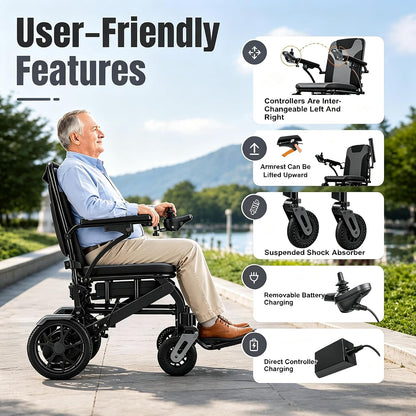 Lightweight Electric Wheelchair for Adults & Seniors – 600W Dual Motor, 15KM Range, One-Hand Joystick Control
