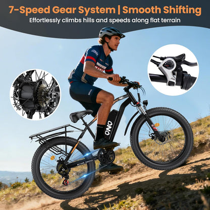 26" Fat Tire Electric Mountain Bike 1500W 48V 15Ah 7-Speed