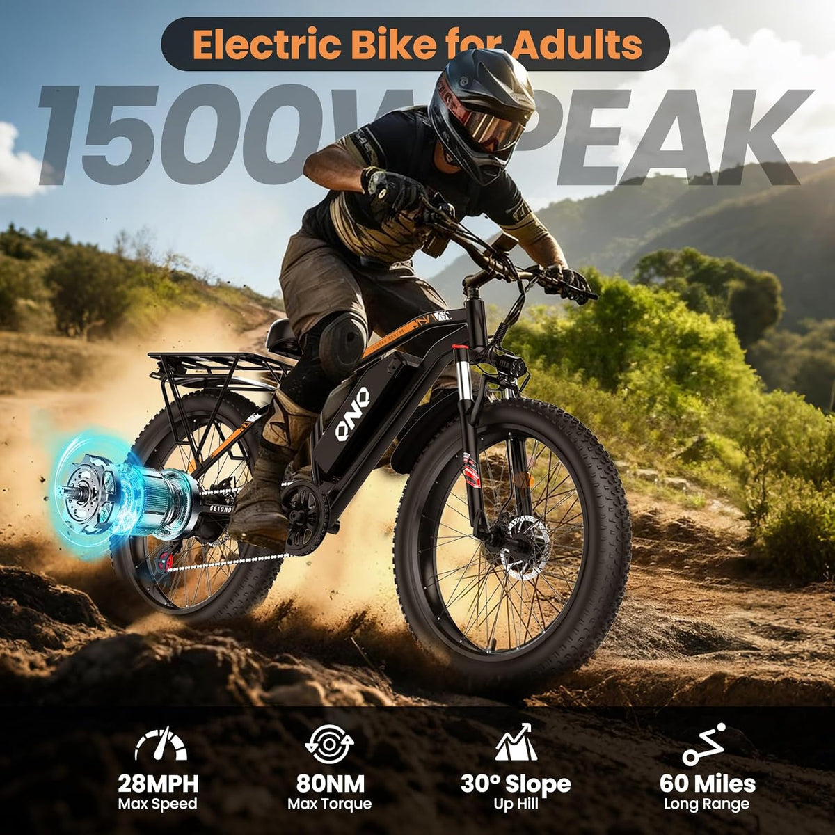 26" Fat Tire Electric Mountain Bike 1500W 48V 15Ah 7-Speed