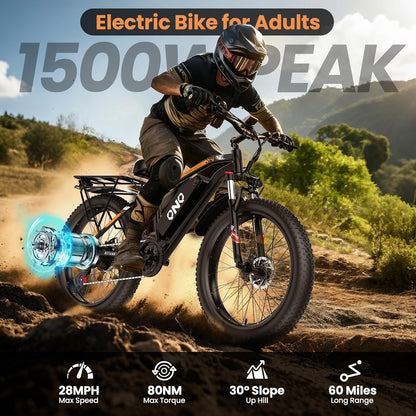 26" Fat Tire Electric Mountain Bike 1500W 48V 15Ah 7-Speed