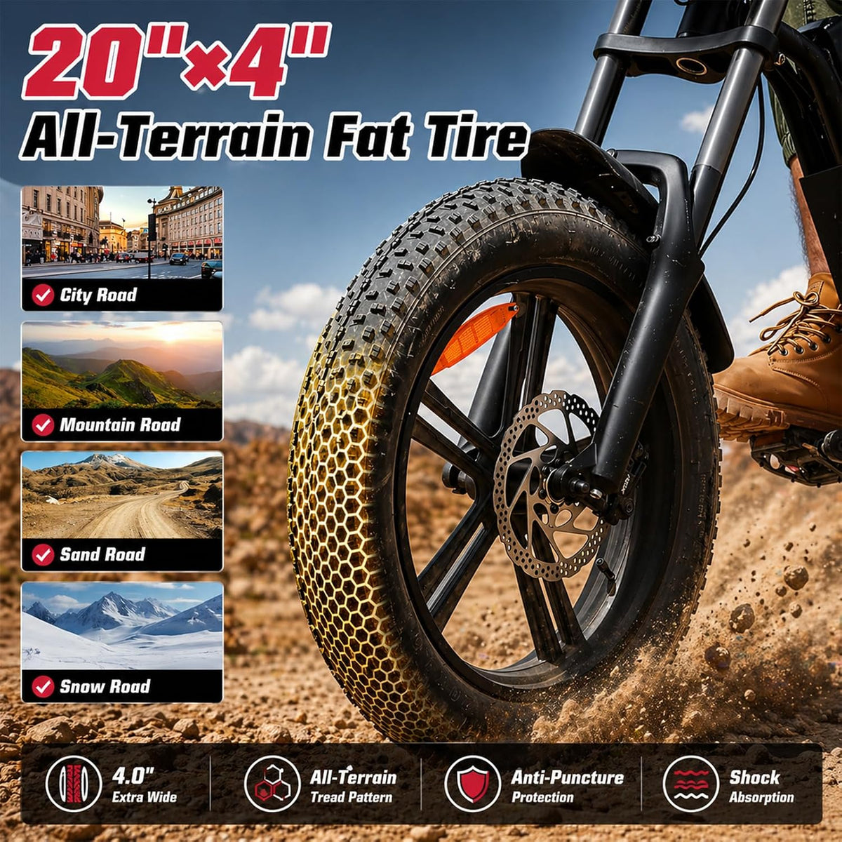 1000W Fat Tire Electric Bike, 48V 13Ah E-Bike, Removable Battery