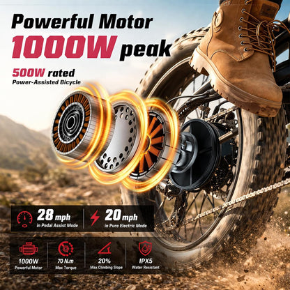 1000W Fat Tire Electric Bike, 48V 13Ah E-Bike, Removable Battery