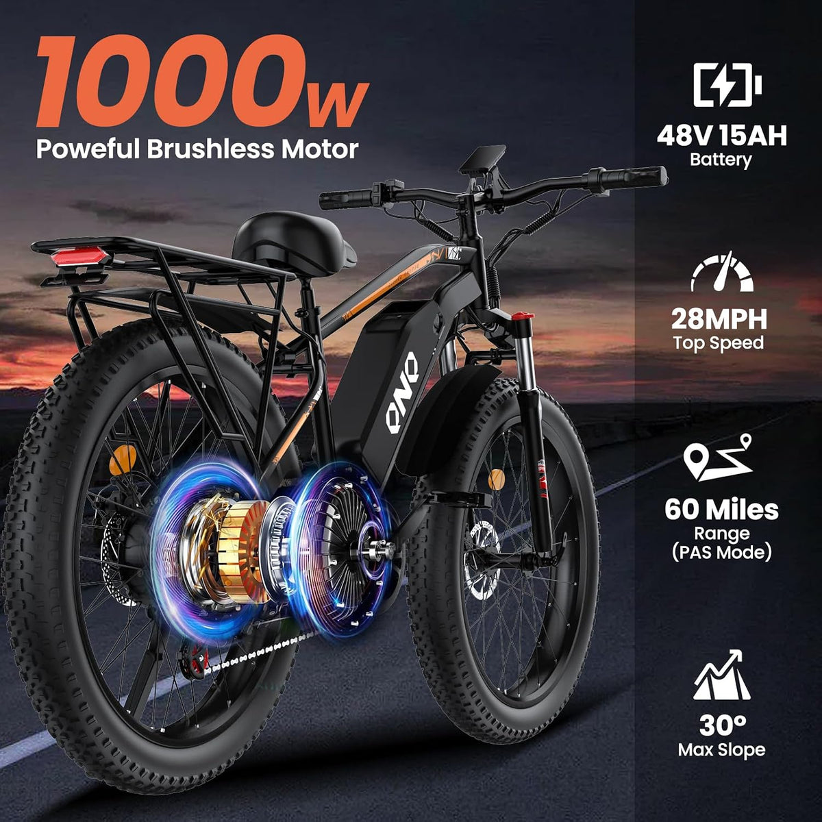 26" Fat Tire Electric Mountain Bike 1500W 48V 15Ah 7-Speed