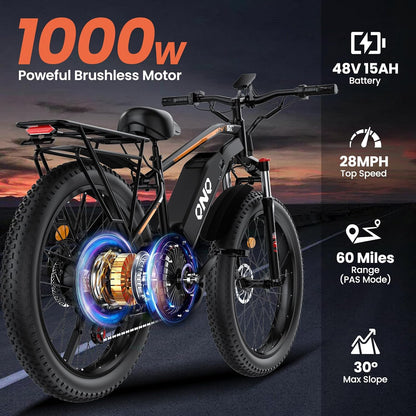 26" Fat Tire Electric Mountain Bike 1500W 48V 15Ah 7-Speed